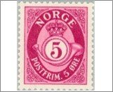 Norway Used NK 240   Posthorn and Lion III (no wmk) 5 Øre Pink