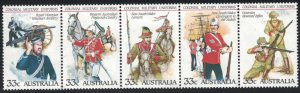 Australia Scott 0945a-e, MNH, Colonial Military Uniforms, 1985 issue, set 5, 945