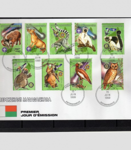 Malagasy 1999 PRIMATE LEMURS Lions & Rotary Set (9) Perforated in official FDC