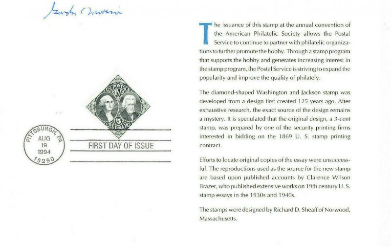 Signed USPS First Day Ceremony Program #2592 $5 Washington Jackson FDOI APS 1994 