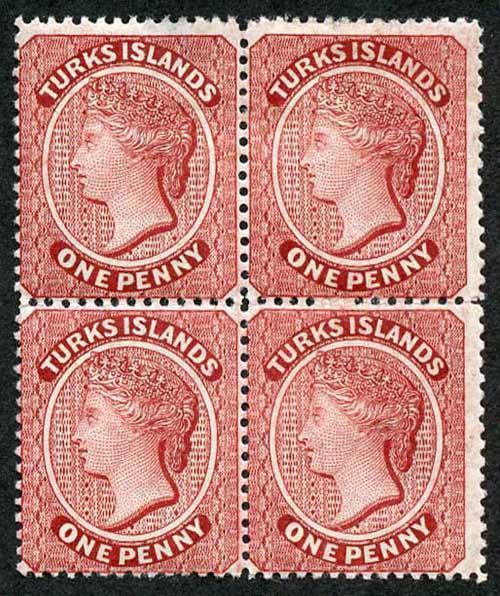 TURKS ISLANDS SG63 1d lake Wmk Crown CA Perf 14 M/Mint Block