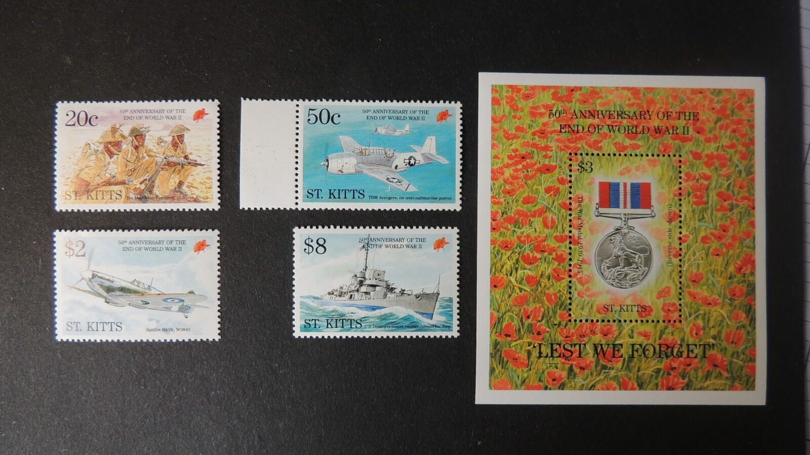 St Kitts 50th anniv end ww2 set + medal MS spitfires militaria