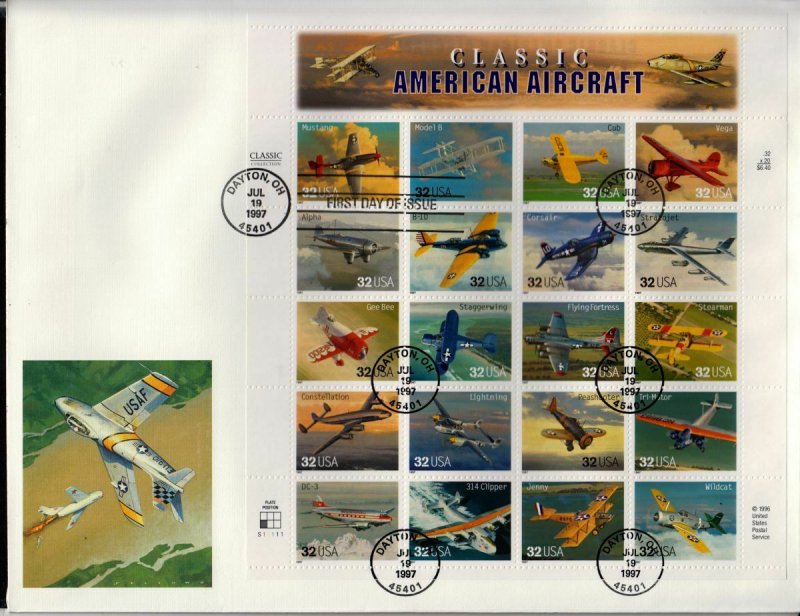 1997 Classic American Aircraft Sc 3142 full sheet FDC Fleetwood