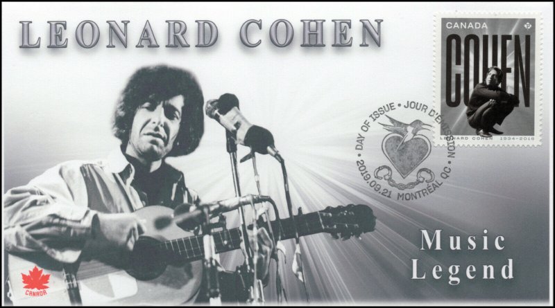 CA19-043, 2019, Leonard Cohen, Pictorial Postmark, First Day Cover, Silver Age