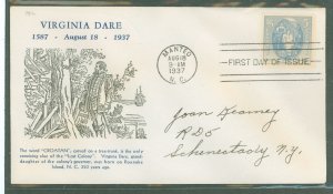 US 796 1937 3c virginia dare commemorative on an addressed fdc with a shatz cachet