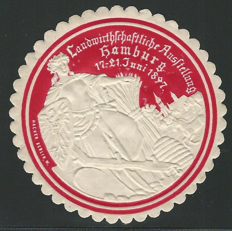 Hamburg, Germany, 1897 Agricultural Exposition, Red Embossed Poster Stamp