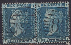 GB 1858 – 76 QV 2d Pair Blue ( T & K & L ) London Pmk Plate 9 SG 45 ( L1367