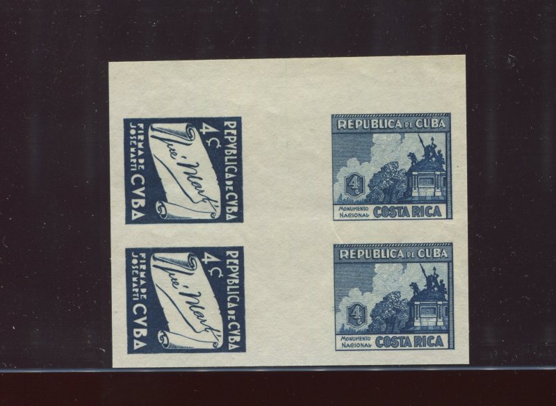 1937 4c Costa Rica and Cuba Imperf Blue Plate Proof Se-Tenant Gutter BLOCK