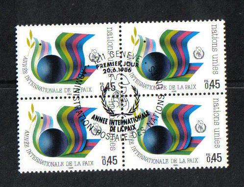 United Nations Geneva  #148 cancelled  1986  peace  block of four  45c