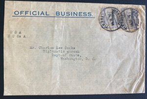 1927 Monrovia Liberia Official Business Cover To Washington DC USA