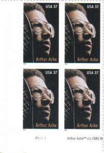 US Stamp 2005 Tennis Star Arthur Ashe Plate Block of 4 37c Stamps NH Scott #3936