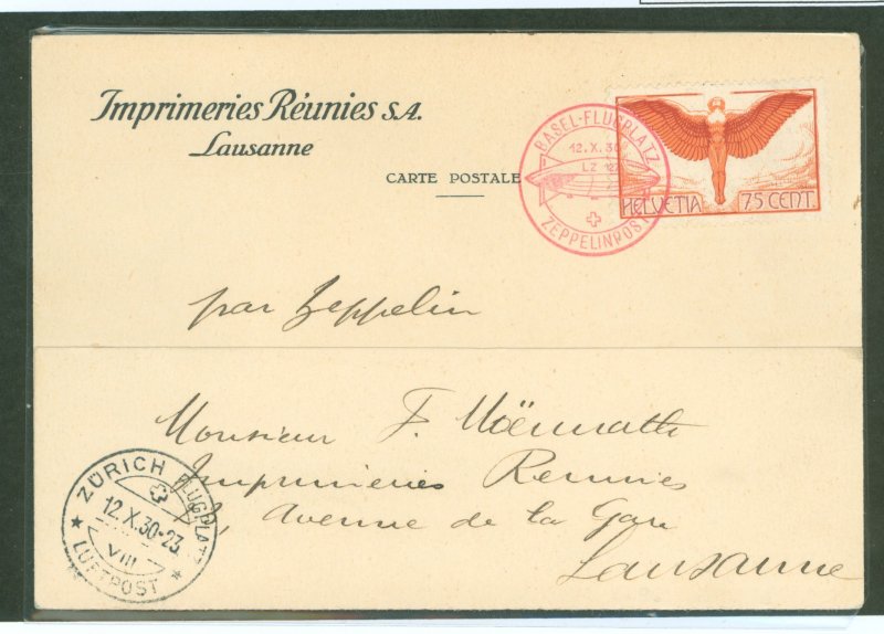 Switzerland C11 1930 cover carried on the October 12, 1930 Graf Zeppelin (LZ127) Switzerland Flight (Basel-Zurich)