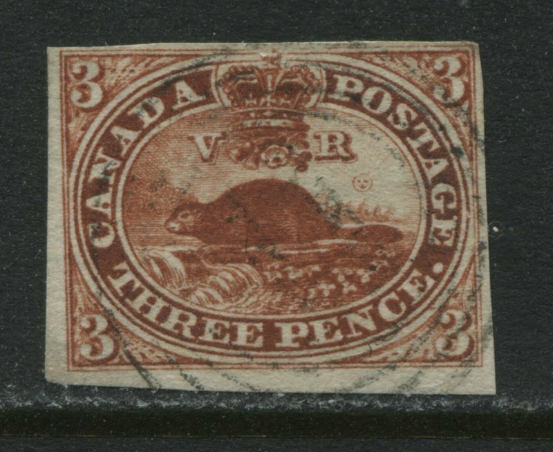 Canada 1852 3d red imperf Beaver 4 margins very light Cornwall 4 ring 11