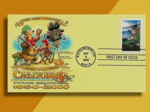 Prospecting Bear & Movie-Making Quail on California Sesquicentennial 3438 FDC