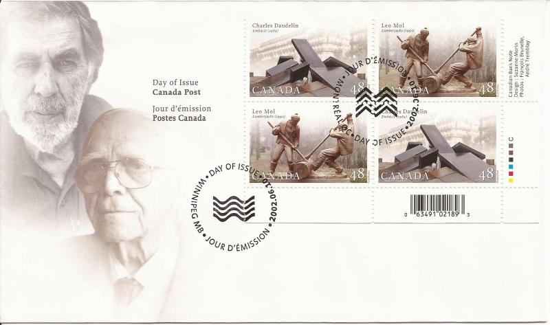 2002 Canada FDC Sc 1955a - Sculptors - PB LR (Bar Code)