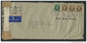 Great Britain 1942   Cover revenue  London- USA Censored Strip of 3