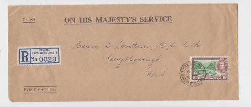 BRITISH HONDURAS TO NOVA SCOTIA 1941 OHMS COVER REGISTERED, 10c RATE (SEE BELOW)