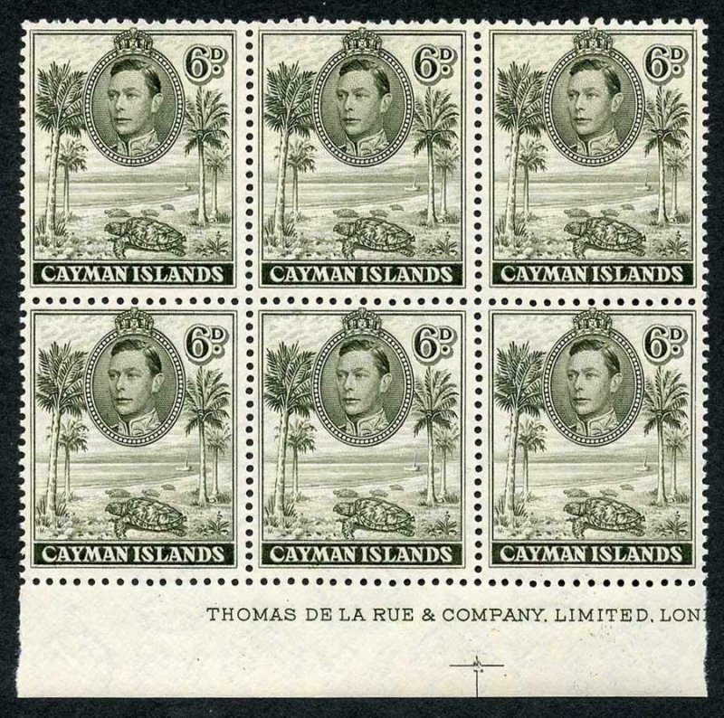 Cayman Is SG122b KGVI 6d Brownish Olive Imprint Block of Six U/M