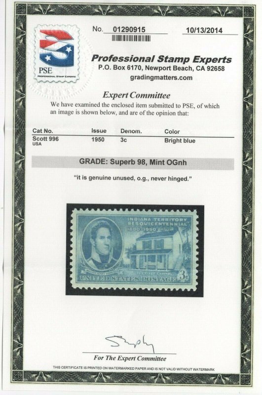 #996 Graded Superb 98 Mint OG NH w/PSE Cert. SMQ $60  (JH 8/23)