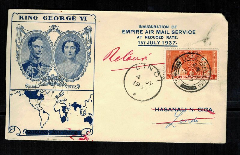 1937 Dar es Salaam Tanganyika KUT FFC First Flight Cover to Lindi Coronation