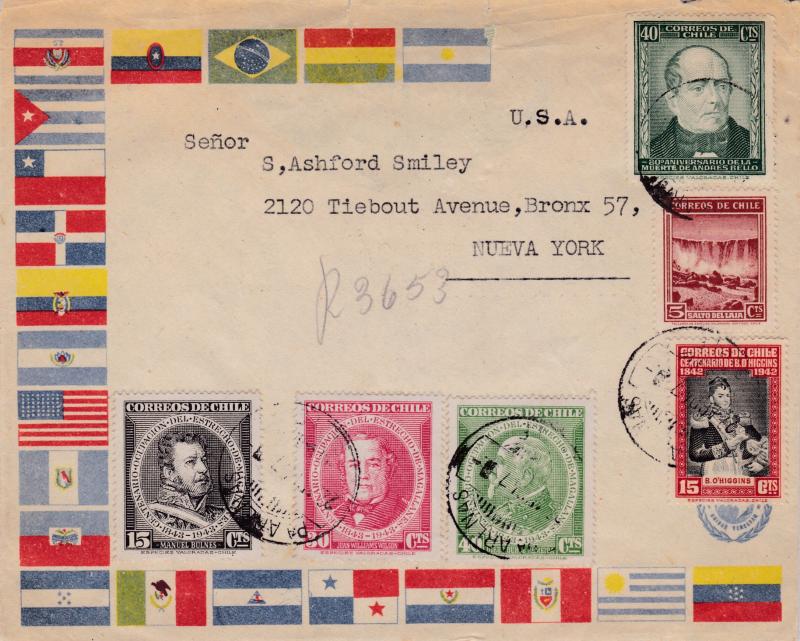 Chile 1947  Registered Commercial Cover to New York. Multi-Franked.  Flags VF