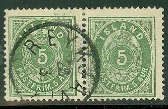 ICELAND #16 5aur green, used Pair w/full Reykjavik cancel, Facit $43.00