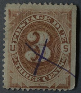 United States #J3 Postage Due Purple Hand Cancel 'X' Crack Center Back