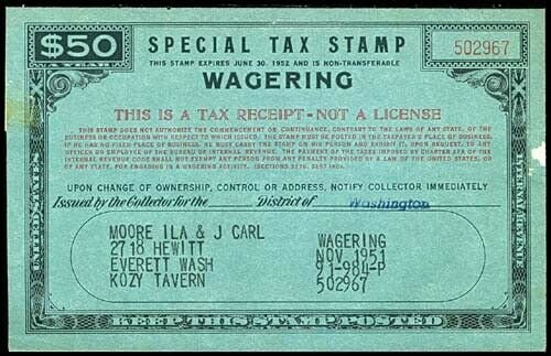 U.S. REV. STAX -WAGERING FYE1952  Used (ID # 77190)- L