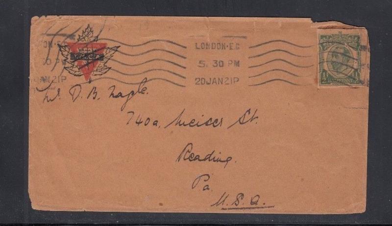 Cover England to USA Postal Card Used as Stamp 1921