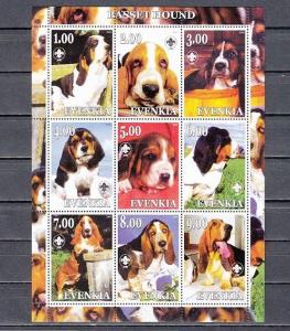 Evenkia, 2000 Russian Local. Basset Hound sheet of 9.  Scout logo.