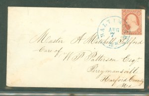 US  SC#11 Postmarked Baltimore, MD, to Perrymansville. Postmark Aug 7-backflap torn from opening. 3+ margins