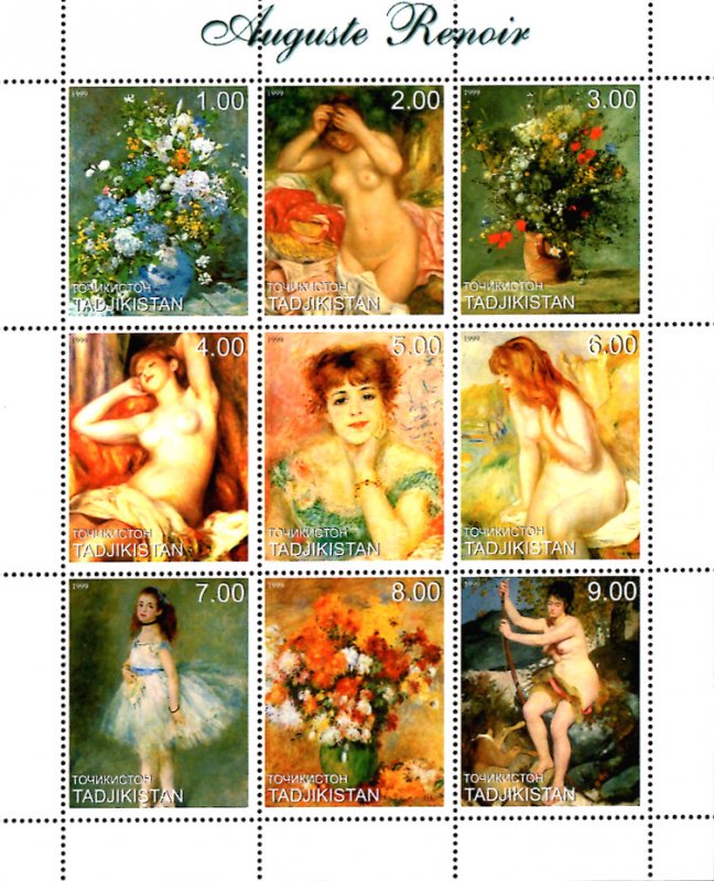 Tajikistan 1999 Famous Nude Paintings by Auguste Renoir 9v MNH. (L-128)