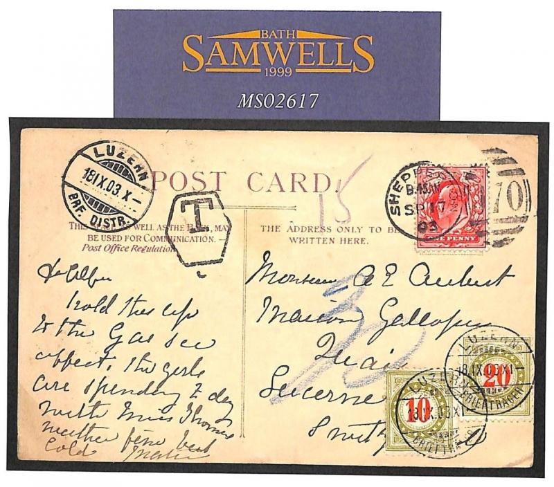 GB Card 1903 SWITZERLAND Postage Dues Shepperton Middx {samwells-covers}MS2617