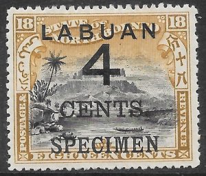 LABUAN SG106s 1899 4c ON 18c BLACK & OLIVE-BISTRE OPTD SPECIMEN MTD MINT (r)