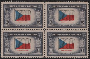 SC#910 5¢ Overrun Countries: Czechoslovakia Block of Four (1943) MHR/Toned Gum