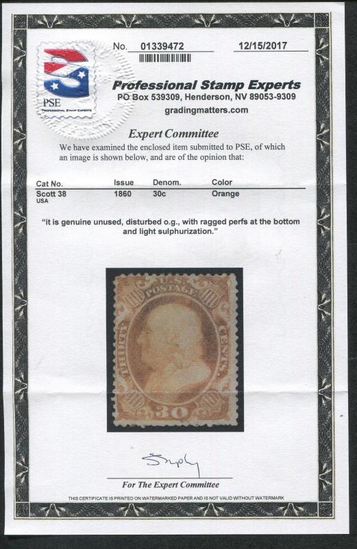 1860 US Stamp #38 30c Mint Original Gum Grade 60 Catalogue Value $1900 Certified