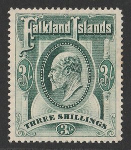 FALKLAND ISLANDS 1904 KEVII 3/- green. SG 49 cat £180.