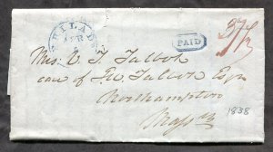 d400 - USA. PHILADA (Philadelphia) 1838 Cancel on SFL Cover to Northampton