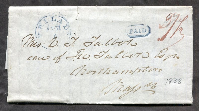 d400 - USA. PHILADA (Philadelphia) 1838 Cancel on SFL Cover to Northampton