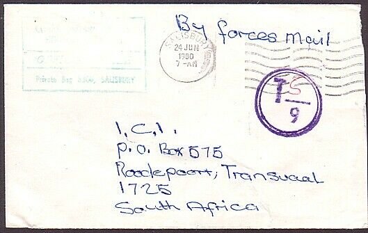 RHODESIA 1980 Bush War Official cover - taxed to Sth Africa................34999