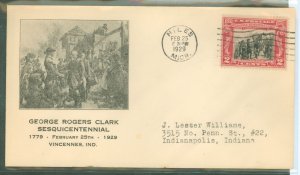 US 651 1929 2c George Rogers Clark/Battle of Vincennes on an addressed FDC with a Johnson Z Williams (1st) cachet with a Niles,