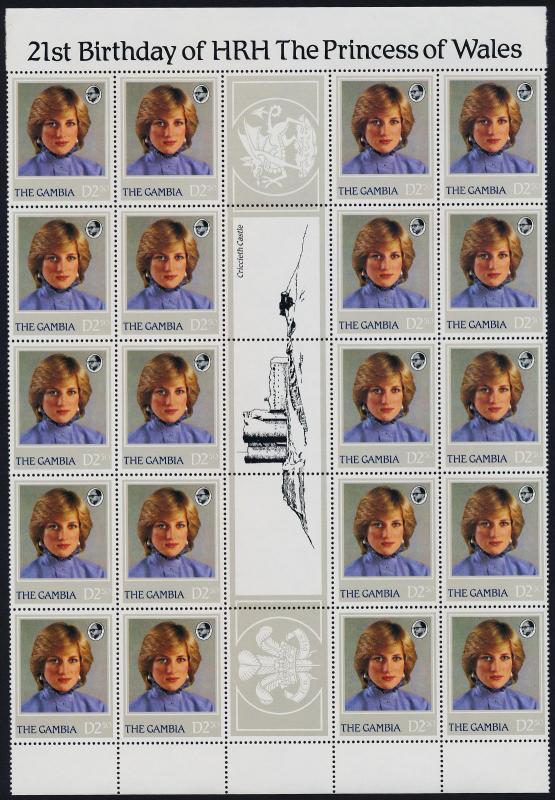 Gambia 447-50 Gutter strips of 20 MNH Princess Diana 21st Birthday, Crest