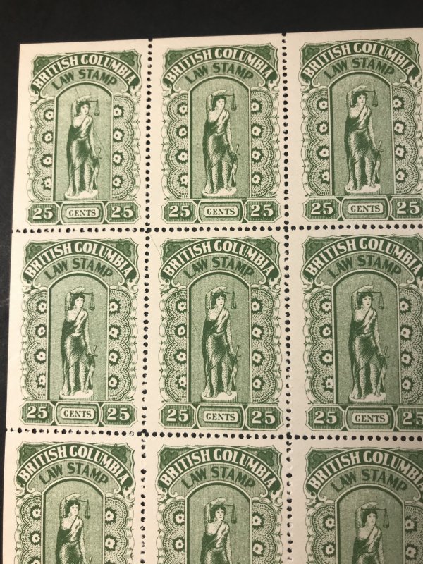 BRITISH COLUMBIA  # L23-MNH-FULL PANE OF 25-LAW STAMP--MAJOR PLATE FLAW-1912-16