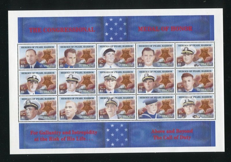 St. Vincent 1559 Heroes of Pearl Harbor Medal of Honor Stamp Sheet 1991 MNH