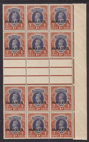 India, Nabha Sc 81 MNH. 1938 1r KGVI Gutter Block VF+