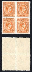 Jamaica SG121b 1/2d Orange A BLOCK of FOUR U/M