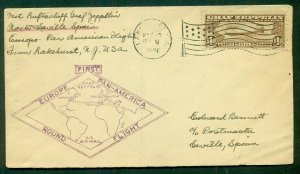 UNITED STATES, 1930, $1.30 Zeppelin (C14) tied on cover to SPAIN (bkstp), VF,