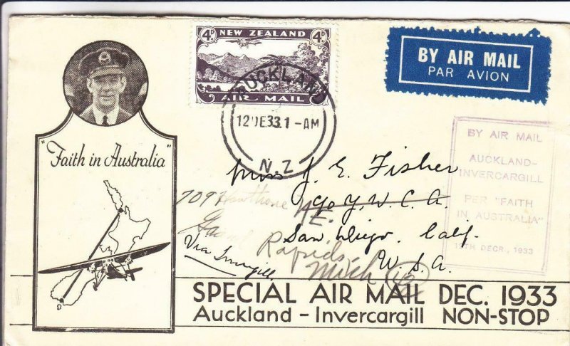 1933, Special Airmail Flt., Auckland to Invercargill, See Remark (36043)