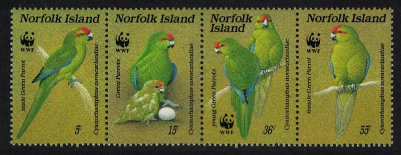 Norfolk Birds WWF Green Parrot strip of 4v SG#425-428 SC#421 a-d MI#421-424