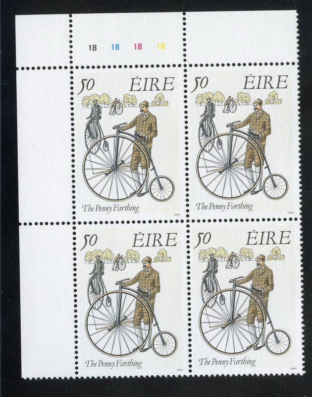 Ireland 826 MNH, Penny Farthing Cycle (UL) Plate Block from 1991.